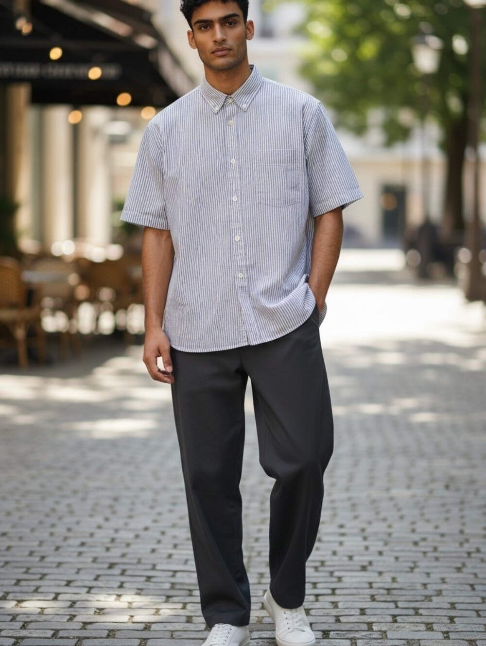 Everlane's Mens Gray Pinstripe Short Sleevecshirt Button Down Pocketed Shirt